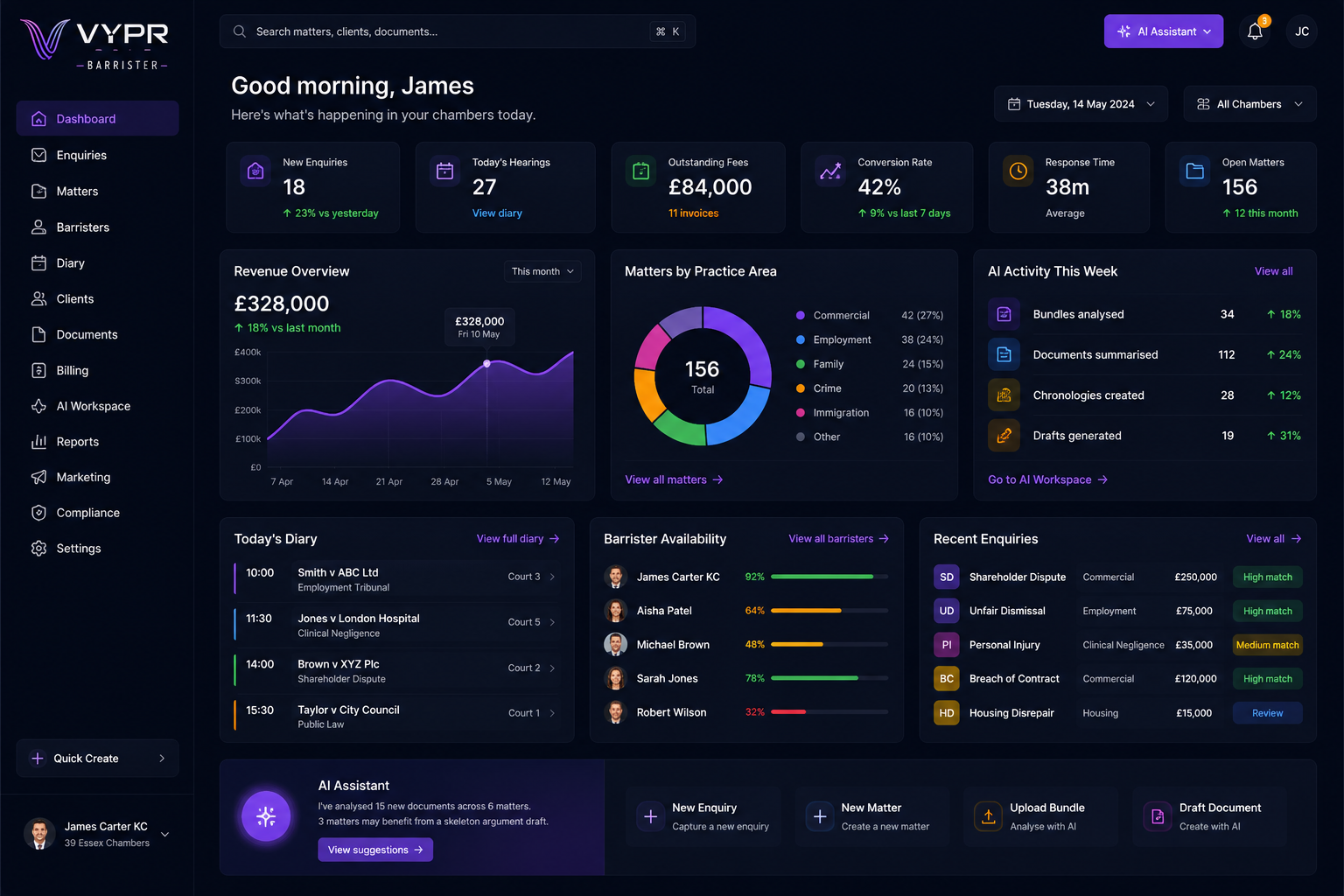 VYPR Barrister chambers dashboard screen