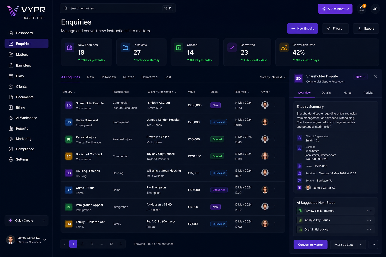 VYPR Barrister enquiries management screen