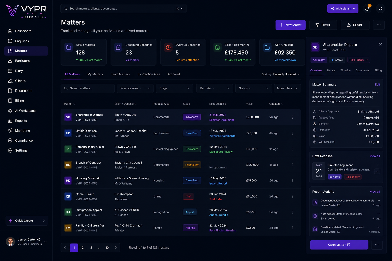VYPR Barrister matters management screen
